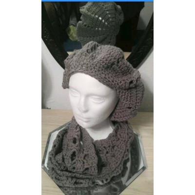 Handmade crochet beret beanie and matching cowl charcoal gray. US SELLER  eb-56599991